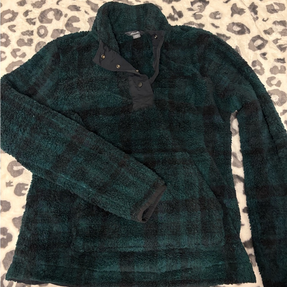 Eddie Bauer Green and Black Plaid Pullover Fleece Button Up Collar Medium